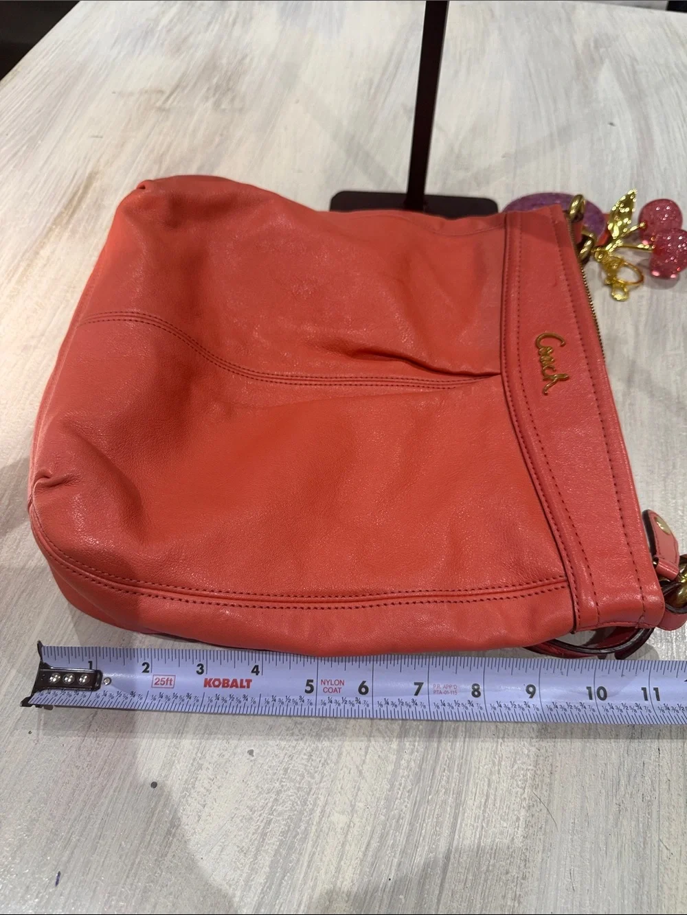 Vintage Y2K Coach Coral-Peach Leather Shoulder Bag with Leather Cherry Charm